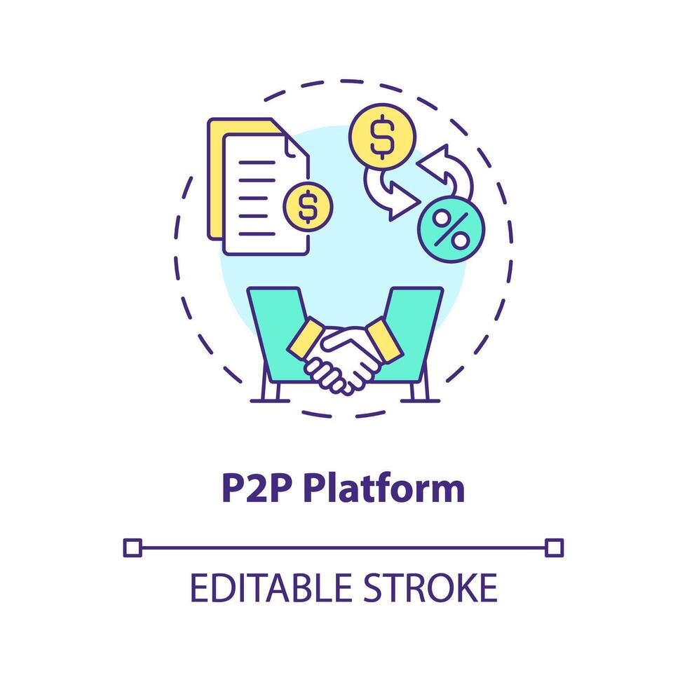 p2p plattform mång Färg begrepp ikon. sökande och ansluter låntagare och långivare. runda form linje illustration. abstrakt aning. grafisk design. lätt till använda sig av i marknadsföring vektor