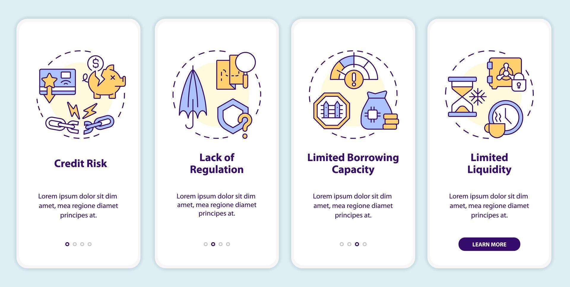 Nachteile p2p Kredite Onboarding Handy, Mobiltelefon App Bildschirm. Kreditvergabe Risiken Komplettlösung 4 Schritte editierbar Grafik Anleitung mit linear Konzepte. ui, ux, gui Vorlage vektor