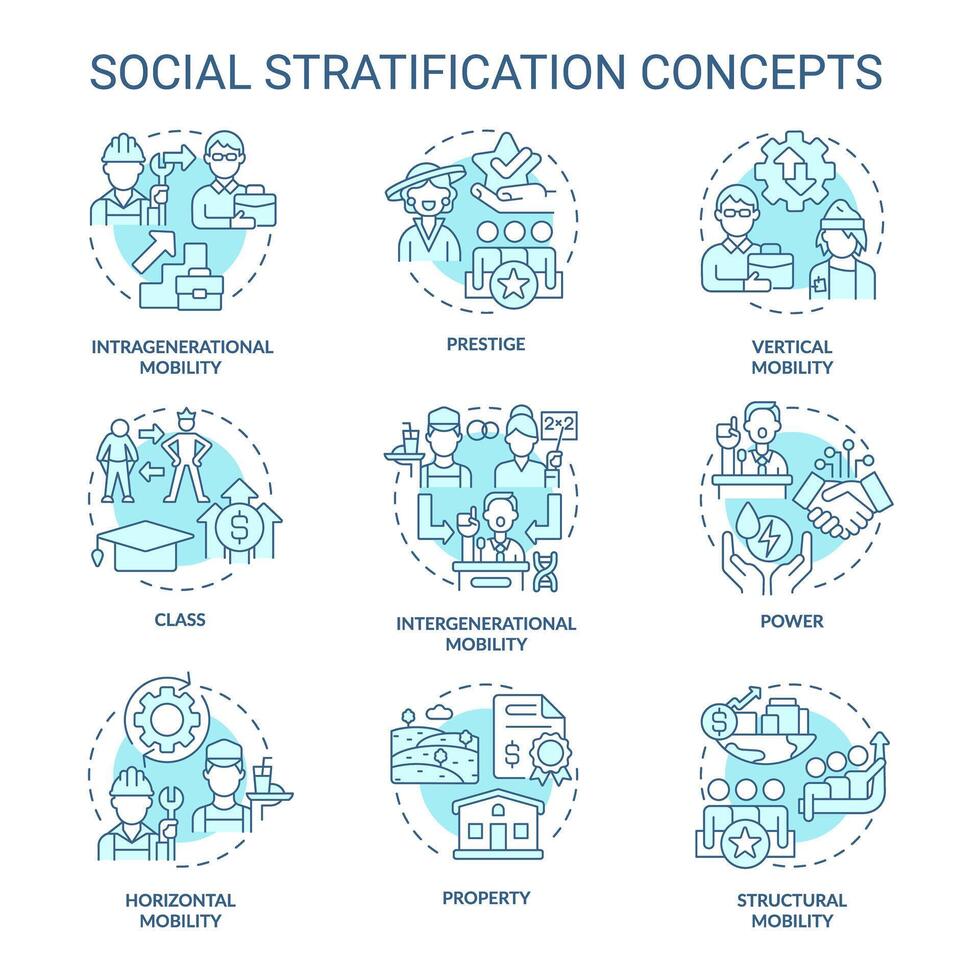 social stratifiering och rörlighet mjuk blå begrepp ikoner. socioekonomiska status. samhälle strukturera. ikon packa. vektor bilder. runda form illustrationer. abstrakt aning. lätt till använda sig av i artikel