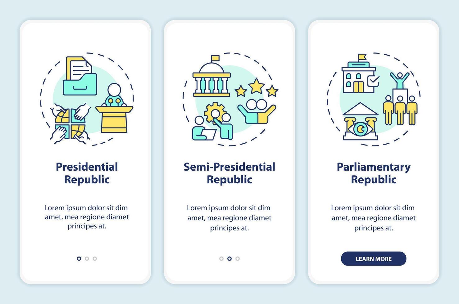 Regierung Struktur Onboarding Handy, Mobiltelefon App Bildschirm. politisch System. Komplettlösung 3 Schritte editierbar Grafik Anleitung mit linear Konzepte. ui, ux, gui Vorlage vektor