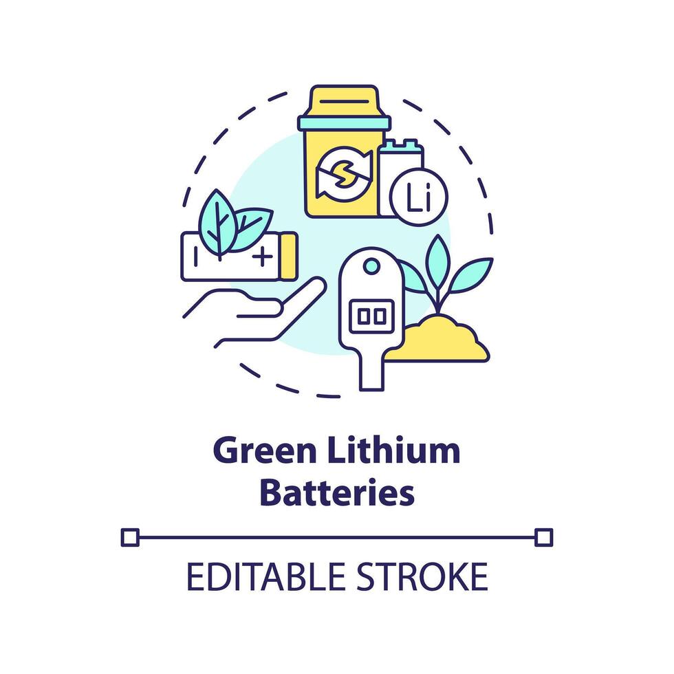 grön litium batterier mång Färg begrepp ikon. miljömässigt vänlig teknologi. avfall minskning, avkolning. runda form linje illustration. abstrakt aning. grafisk design. lätt till använda sig av vektor