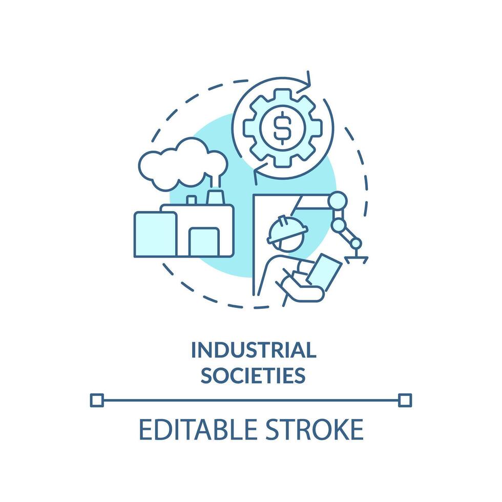 industriell Gesellschaften Sanft Blau Konzept Symbol. verwenden von Technologie und Maschinen. wirtschaftlich Entwicklung. runden gestalten Linie Illustration. abstrakt Idee. Grafik Design. einfach zu verwenden im Artikel vektor