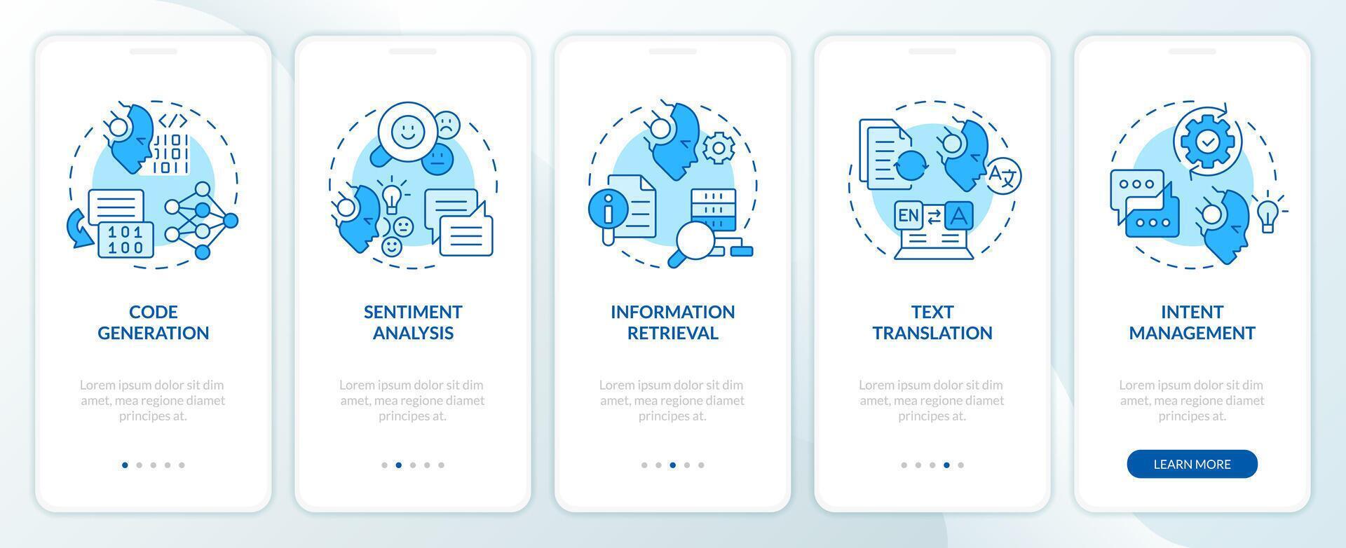 Daten Anwendung Verwaltung Onboarding Handy, Mobiltelefon App Bildschirm. Komplettlösung 5 Schritte editierbar Grafik Anleitung mit linear Konzepte. ui, ux, gui Vorlage vektor