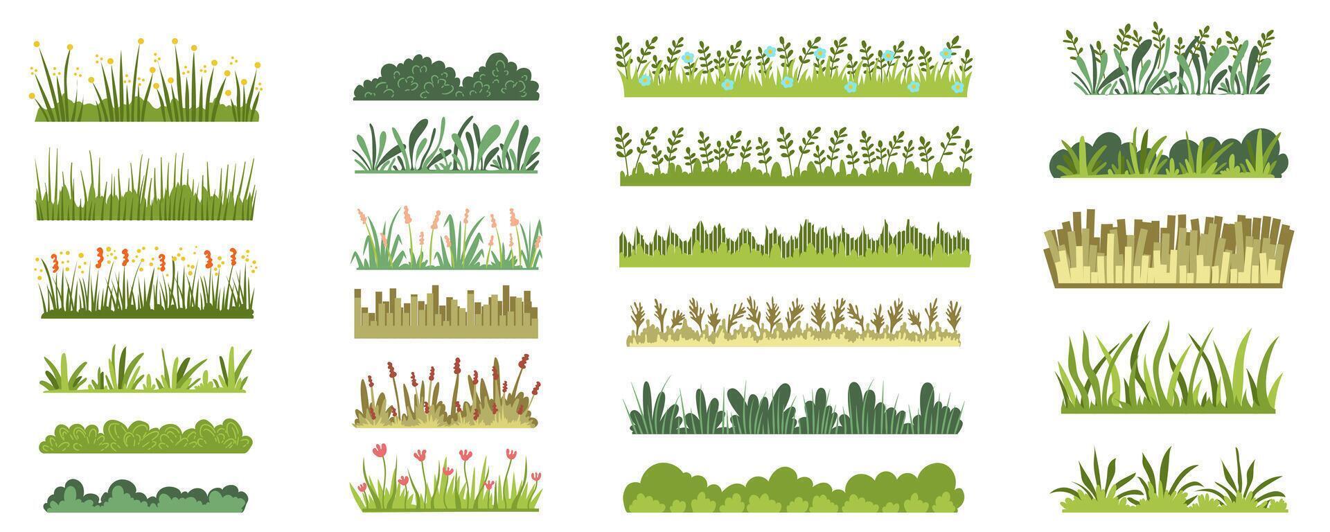 grön gräs med blommor mega uppsättning i platt grafisk design. samling element av äng ört- horisontell skikten med variativ vildblommor, buskar och löv för landskap. vektor illustration.