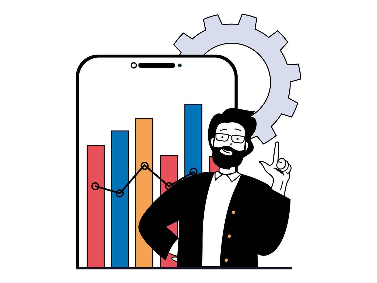 digital företag begrepp med karaktär situation. affärsman genererar aning, utvecklas och förbättras företag, optimerar och analyser data. vektor illustrationer med människor scen i platt design för webb