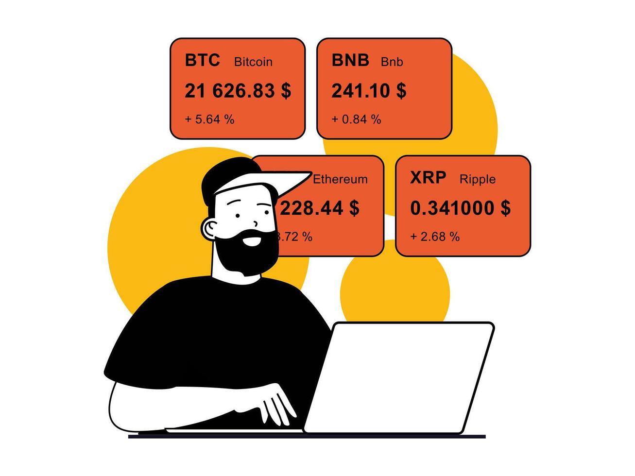 Kryptowährung Marktplatz Konzept mit Charakter Situation. Mann handelt auf Austausch und macht profitieren von Investitionen im Krypto Geldbörsen. Vektor Abbildungen mit Menschen Szene im eben Design zum Netz