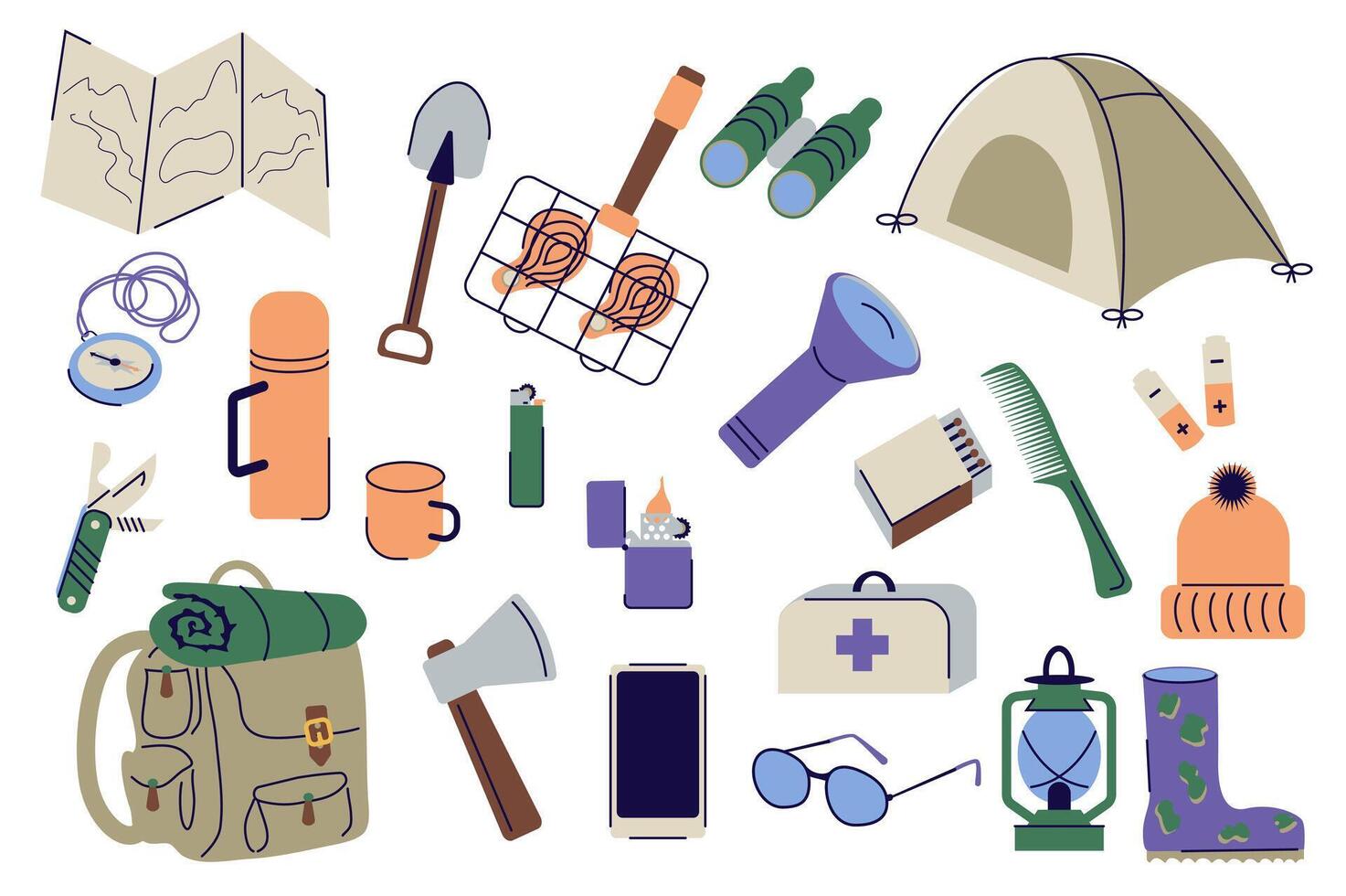 Camping einstellen Grafik Elemente im eben Design. bündeln von Karte, Schaufel, gegrillt Fleisch, Fernglas, Zelt, Kompass, Thermosflasche, Becher, Feuerzeug, Taschenlampe, Streichhölzer und andere. Vektor Illustration isoliert Objekte