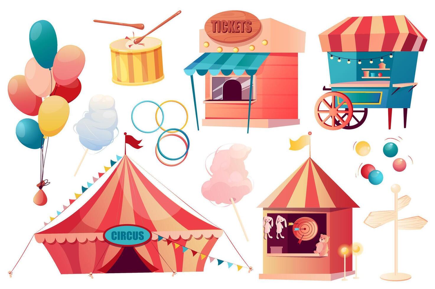 cirkus uppsättning grafisk element i platt design. bunt av bås med biljetter, mat kiosk, ballonger, bomull godis, pekare, skytte Galleri, karneval cirkus tält. vektor illustration isolerat objekt