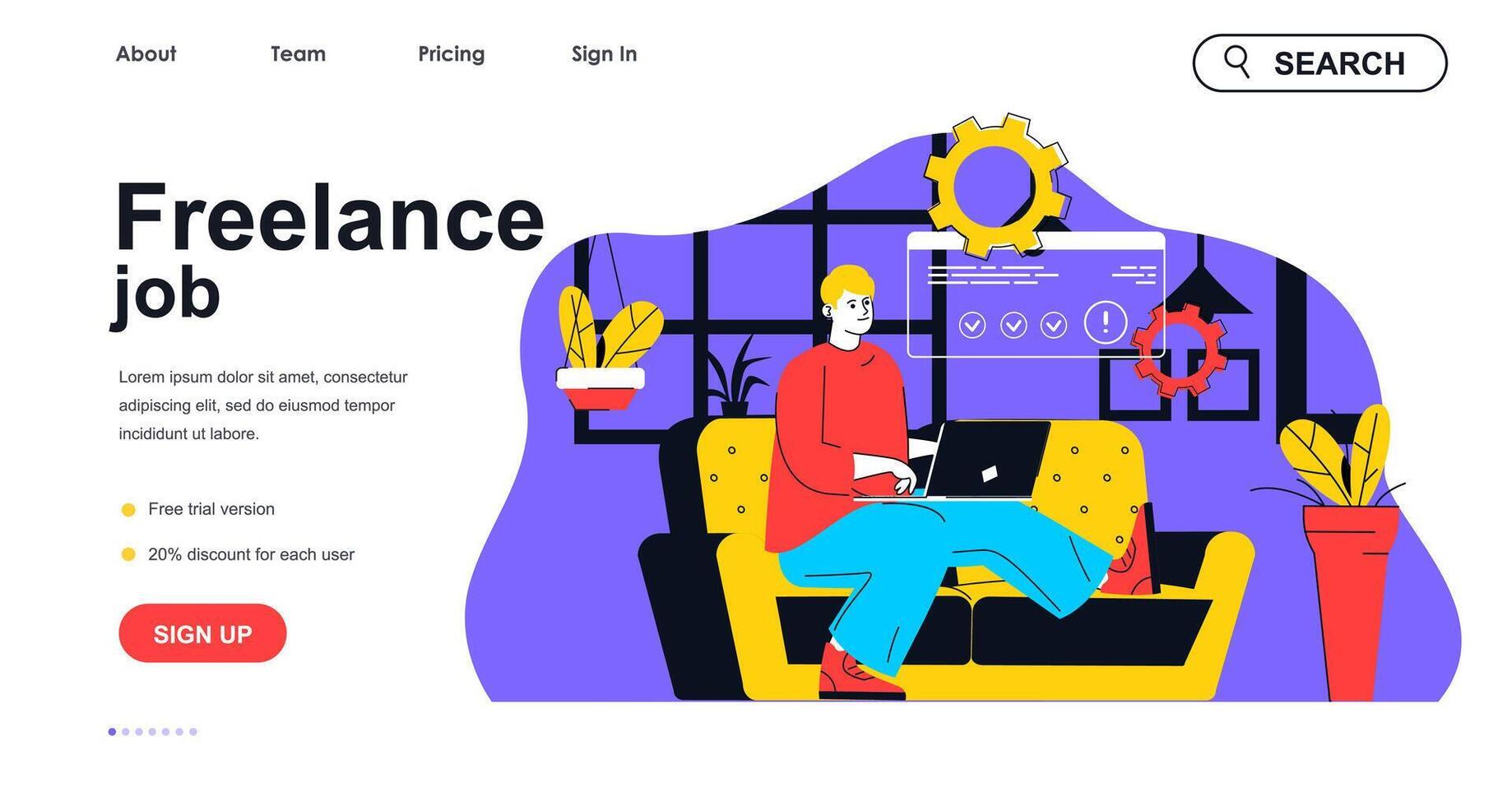 frilans jobb begrepp för landning sida mall. frilansare arbetssätt uppkopplad på bärbar dator från Hem. avlägsen arbete och arbetsplats människor scen. vektor illustration med platt karaktär design för webb baner