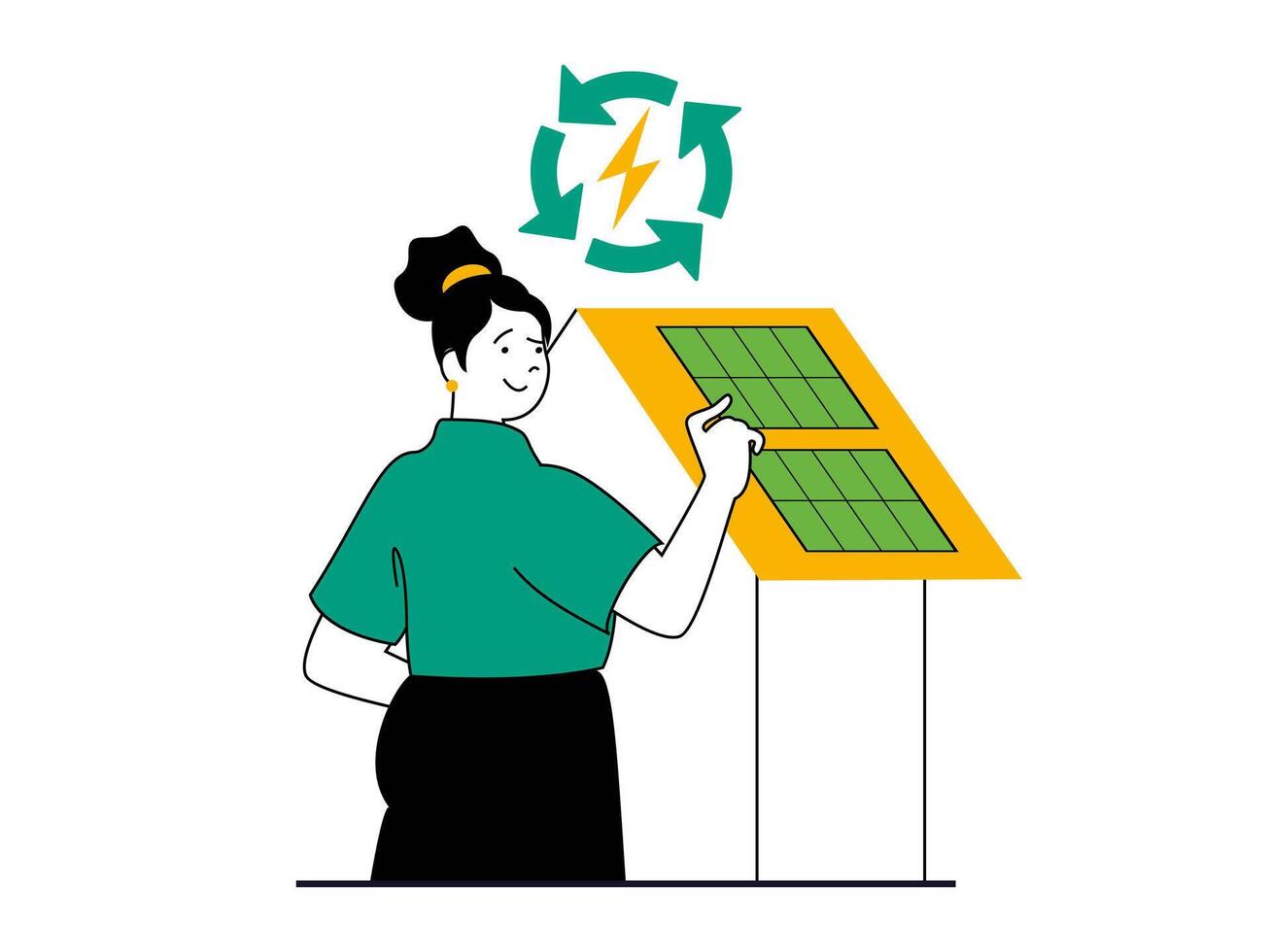 Grün Energie Konzept mit Charakter Situation. Frau mit Solar- Paneele zu generieren Elektrizität, verlängerbar Quelle und Natur Erhaltung. Vektor Illustration mit Menschen Szene im eben Design zum Netz
