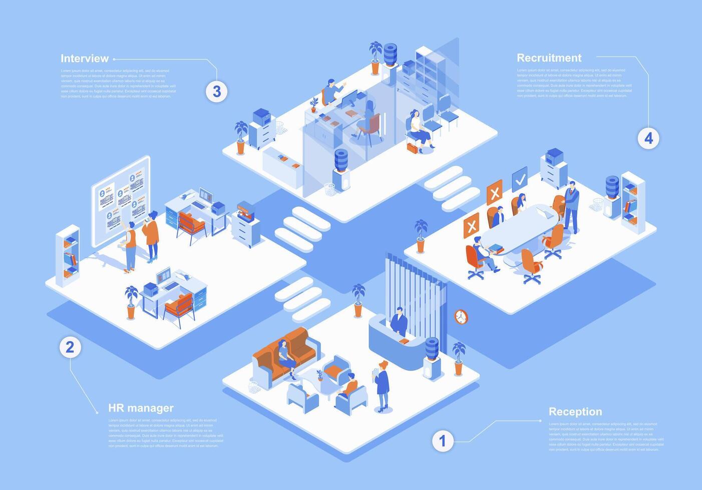 hr byrå begrepp 3d isometrisk webb scen med infografik. människor vänta på reception, chefer arbetssätt på kontor, rekrytering och jobb intervju i rum. vektor illustration i isometri grafisk design