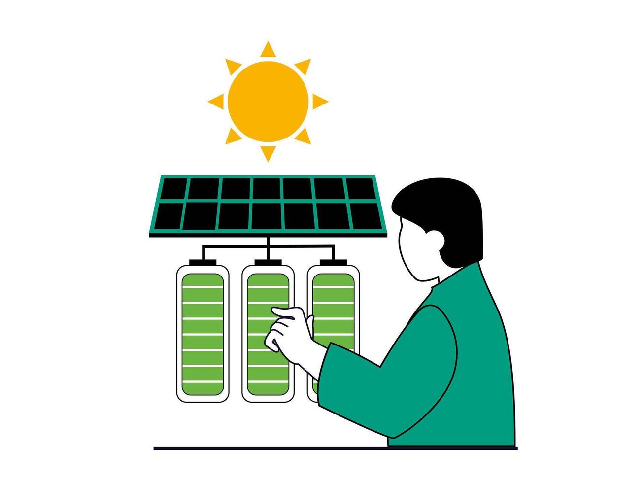 Grün Energie Konzept mit Charakter Situation. Öko freundlich Mann Verwendet Solar- Paneele zum Laden Batterien und Alternative Energie Quellen. Vektor Illustration mit Menschen Szene im eben Design zum Netz