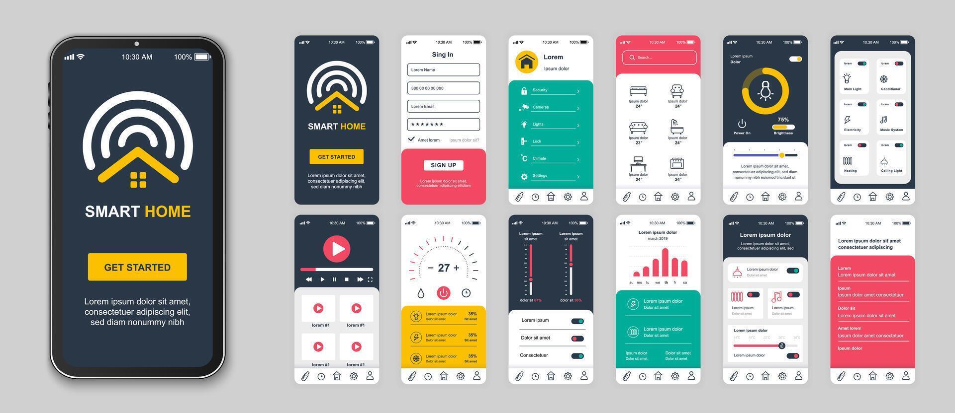 Clever Zuhause Handy, Mobiltelefon App Bildschirme einstellen zum Netz Vorlagen. Pack von Anmeldung, online Überwachung Sensoren, cctv Kamera System, Automatisierung, andere Modelle. ui, ux, gui Benutzer Schnittstelle Kit zum Grundrisse. Vektor Design