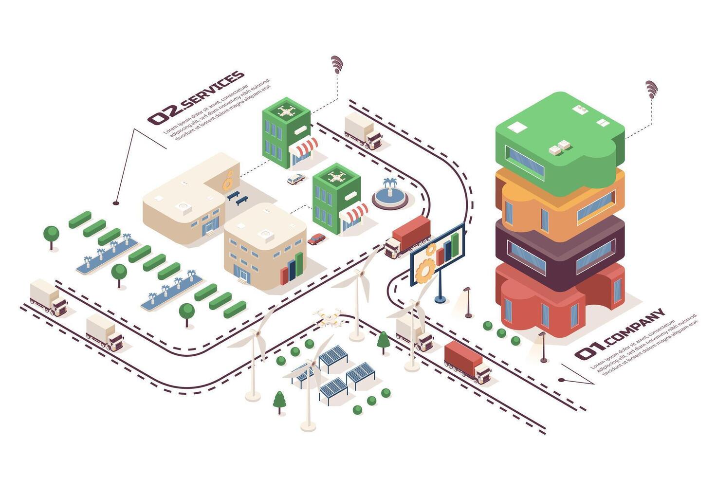 Entwicklung Unternehmen Konzept 3d isometrisch Netz Infografik Arbeitsablauf Verfahren. Infrastruktur Karte mit Büro Gebäude, Programmierung und Projekt Agentur. Vektor Illustration im Isometrie Grafik Design