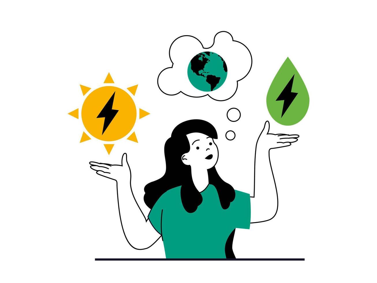 grön energi begrepp med karaktär situation. eco vänlig kvinna påfrestande till spara jord planet natur och användningar alternativ energi källor. vektor illustration med människor scen i platt design för webb
