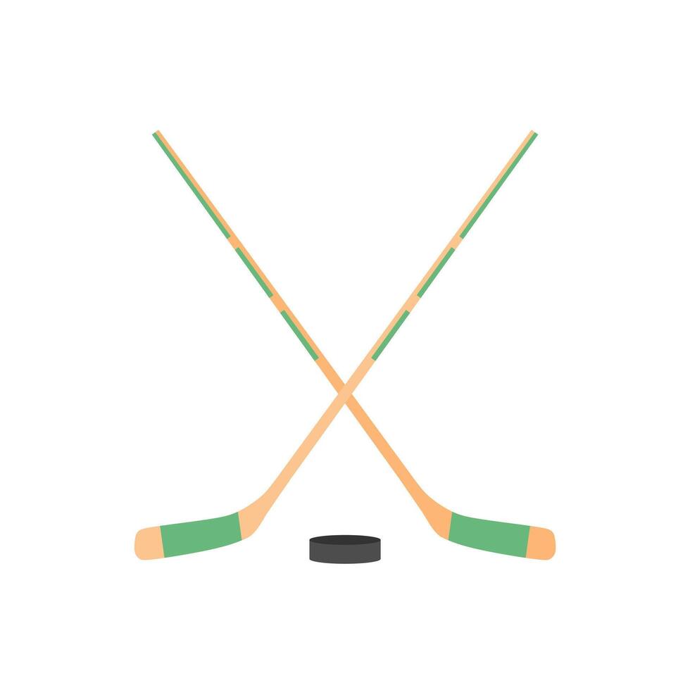 zwei gekreuzt Eishockey Stöcke und ein Puck eben Design Vektor Illustration. Eishockey Stöcke, Hinweise mit Puck isoliert auf Weiß Hintergrund. Sport Ausrüstung Symbol
