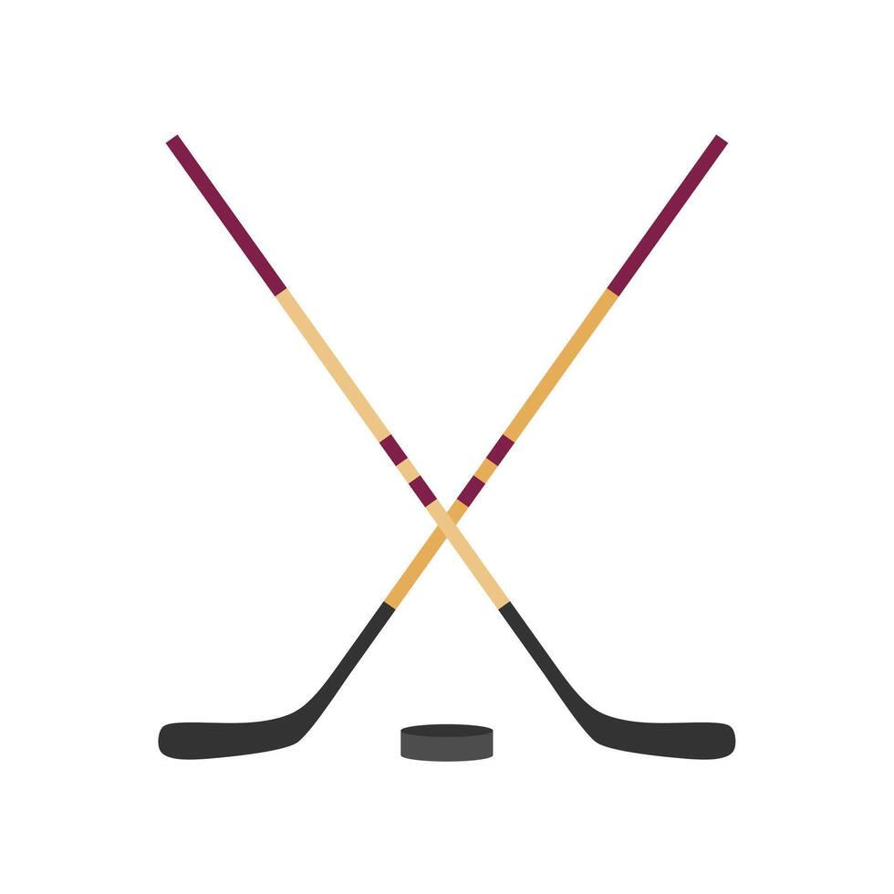 zwei gekreuzt Eishockey Stöcke und ein Puck eben Design Vektor Illustration. Eishockey Stöcke, Hinweise mit Puck isoliert auf Weiß Hintergrund. Sport Ausrüstung Symbol