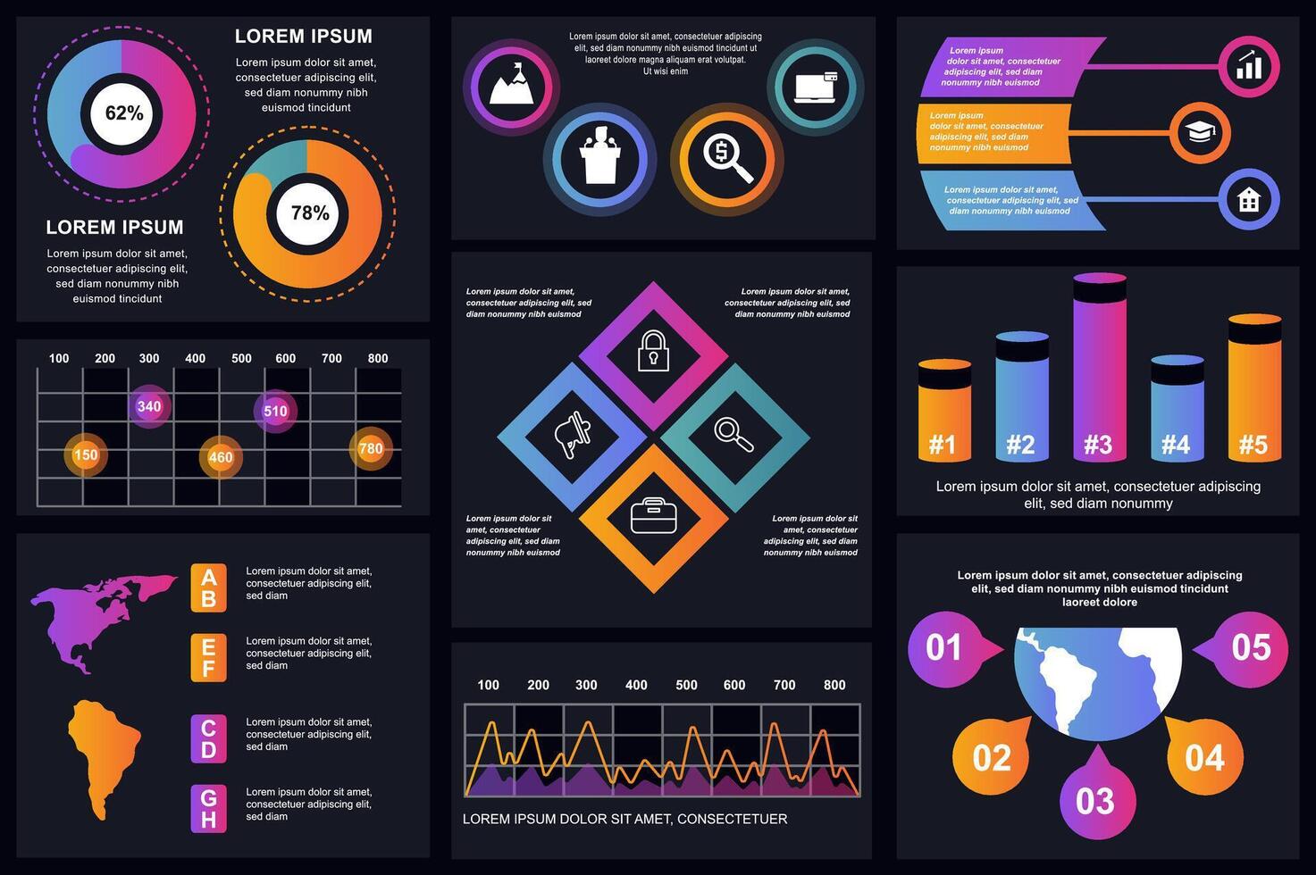 einstellen von Infografik Elemente Daten Visualisierung Vektor Design Vorlage. können Sein benutzt zum Schritte, Optionen, Geschäft Verfahren, Arbeitsablauf, Diagramm, Flussdiagramm Konzept, Zeitleiste, Marketing Symbole, die Info Grafik.