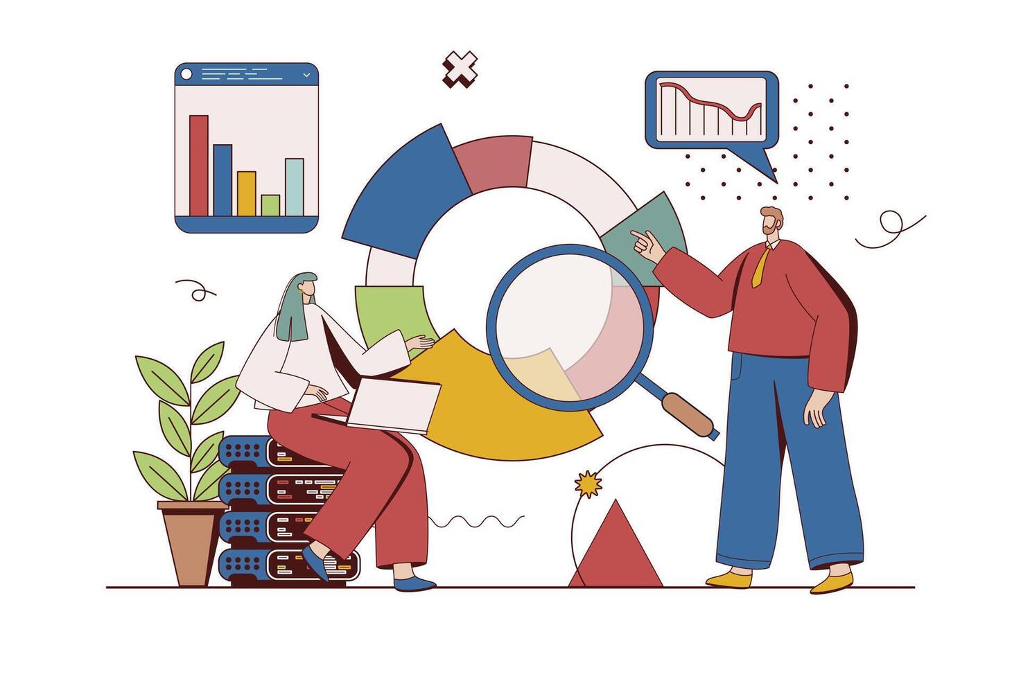 stor data begrepp med karaktär situation i platt design. man och kvinna analyser statistik diagram och forskar utgångspunkt grafer, framställning finansiell Rapportera. vektor illustration med människor scen för webb