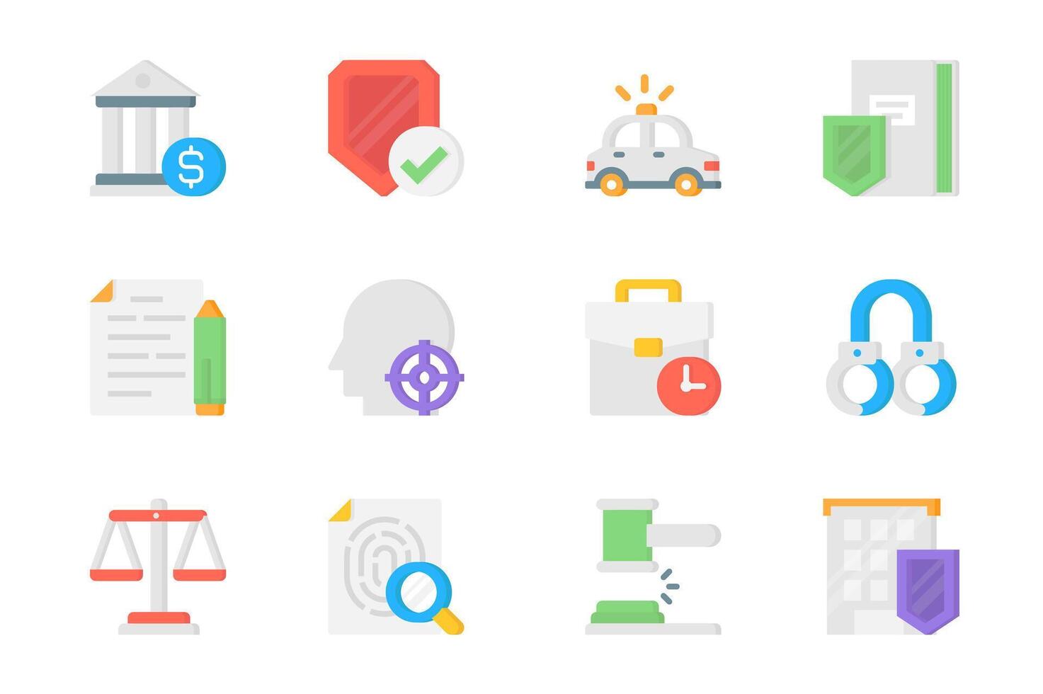 lag och rättvisa 3d ikoner uppsättning. packa platt piktogram av domstol byggnad, skydd, polis, dokumentera, undersökning, kriminell, fängelse, bevis och Övrig. vektor element för mobil app och webb design