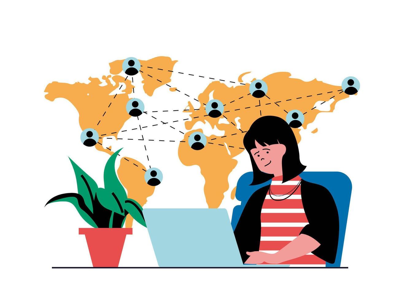 social nätverk begrepp med karaktär situation. kvinna kommunicerar uppkopplad med människor ansluten förbi internet och avlägsen runt om värld. vektor illustration med människor scen i platt design för webb