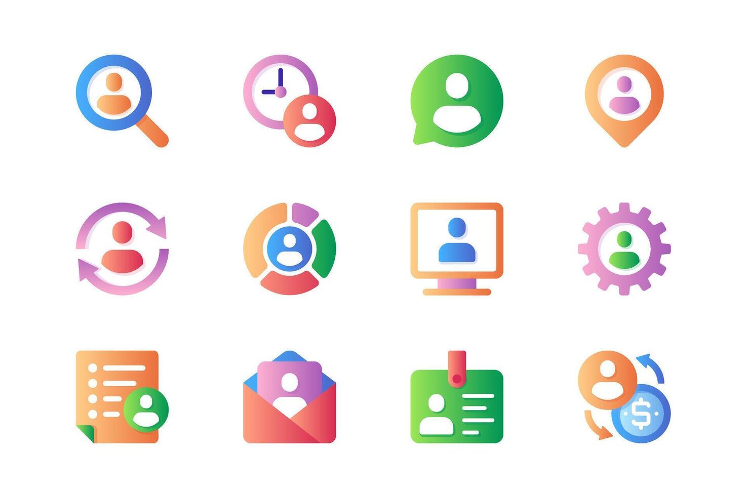 mänsklig Resurser ikoner uppsättning i Färg platt design. packa av Sök, vakans, chatt, intervju, förvaltning, arbetstagare, kontor anställd, företag personal och Övrig. vektor piktogram för webb webbplatser och mobil app