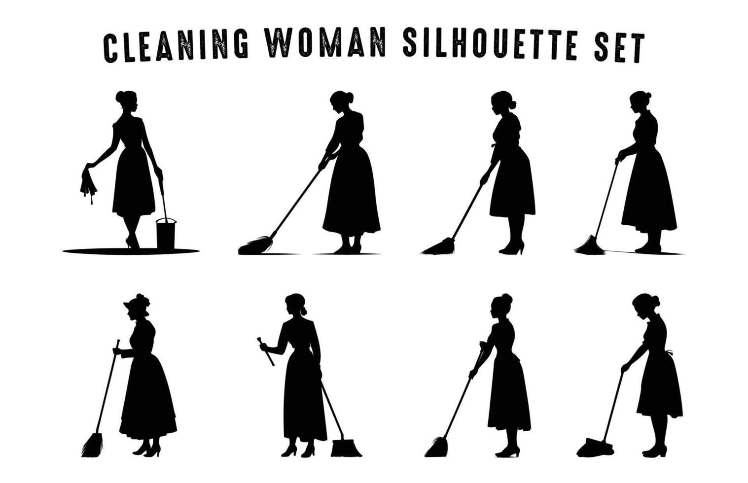 rengöring kvinna silhuett vektor bunt, sopmaskin flicka silhuetter, rengöring lady svart ClipArt uppsättning