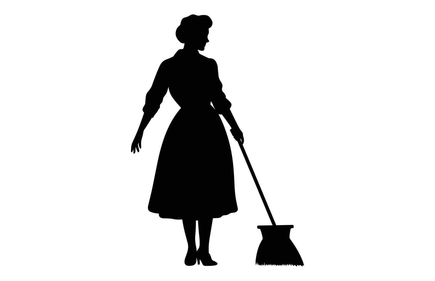 rengöring lady svart ClipArt, sopmaskin flicka svart och vit vektor, kvinna rengöringsmedel silhuett isolerat på en vit bakgrund vektor