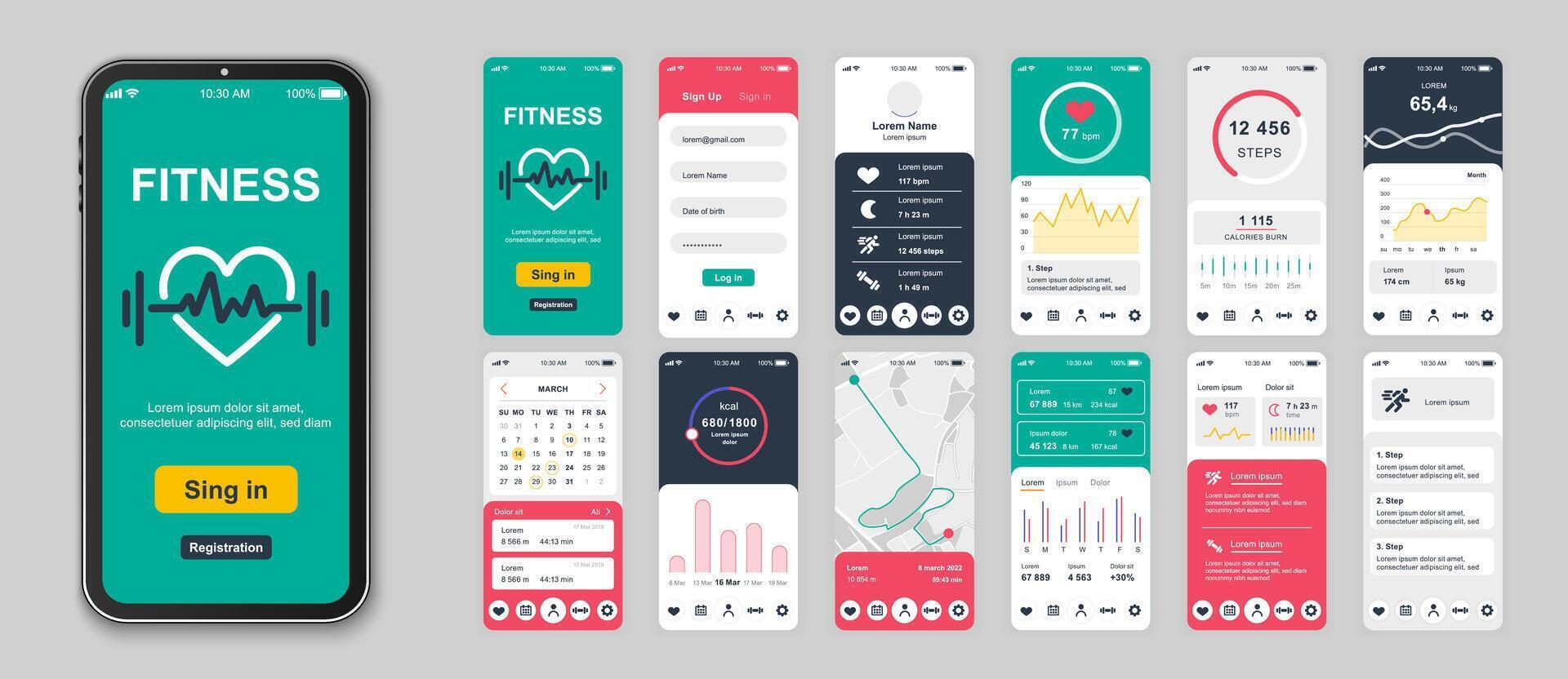 Fitness Handy, Mobiltelefon App Bildschirme einstellen zum Netz Vorlagen. Pack von Anmeldung, Übung Schulungen, Daten, Laufen Verfolgung, Kalorien Kontrolle, andere Modelle. ui, ux, gui Benutzer Schnittstelle Kit zum Grundrisse. Vektor Design