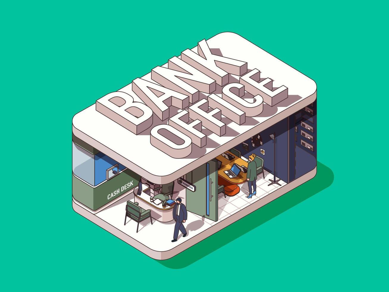 Bank Büro Konzept im 3d isometrisch Grafik Design. finanziell Bedienung und Banken, Konto Öffnung Kunde, Kasse Schreibtisch. Vektor Illustration mit Menschen im isometrisch Zimmer Innere zum Netz Banner