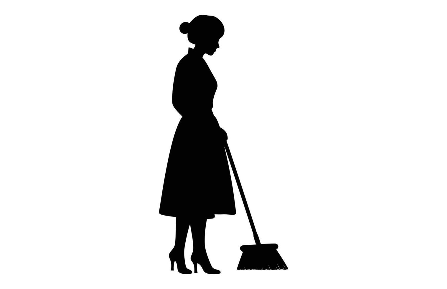 rengöring lady svart ClipArt, sopmaskin flicka svart och vit vektor, kvinna rengöringsmedel silhuett isolerat på en vit bakgrund vektor