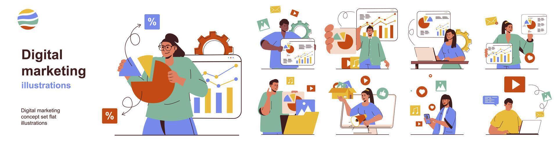 Digital Marketing Konzept mit Charakter Situationen Sammlung. bündeln von Szenen Menschen analysieren Graph Daten, erstellen Beförderung Strategie, planen und veröffentlichen Inhalt. Vektor Abbildungen im eben Netz Design