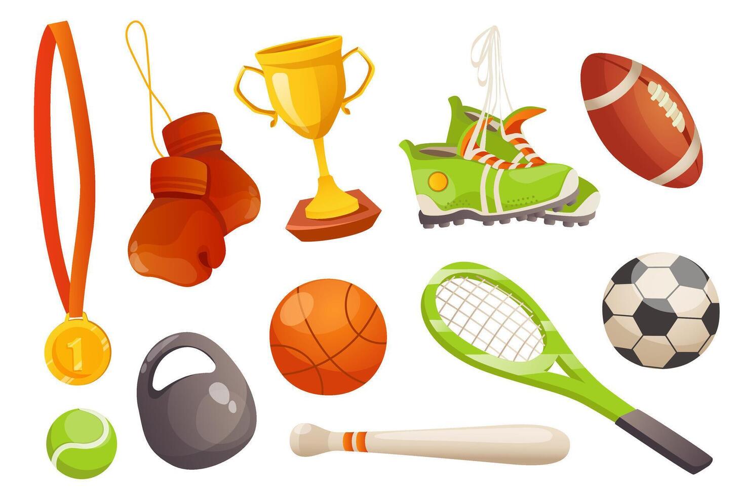 sport Utrustning uppsättning grafisk element i platt design. bunt av , guld medalj, boxare handskar, mästerskap kopp, sneakers, baseboll boll, tennis racket och Övrig. vektor illustration isolerat objekt