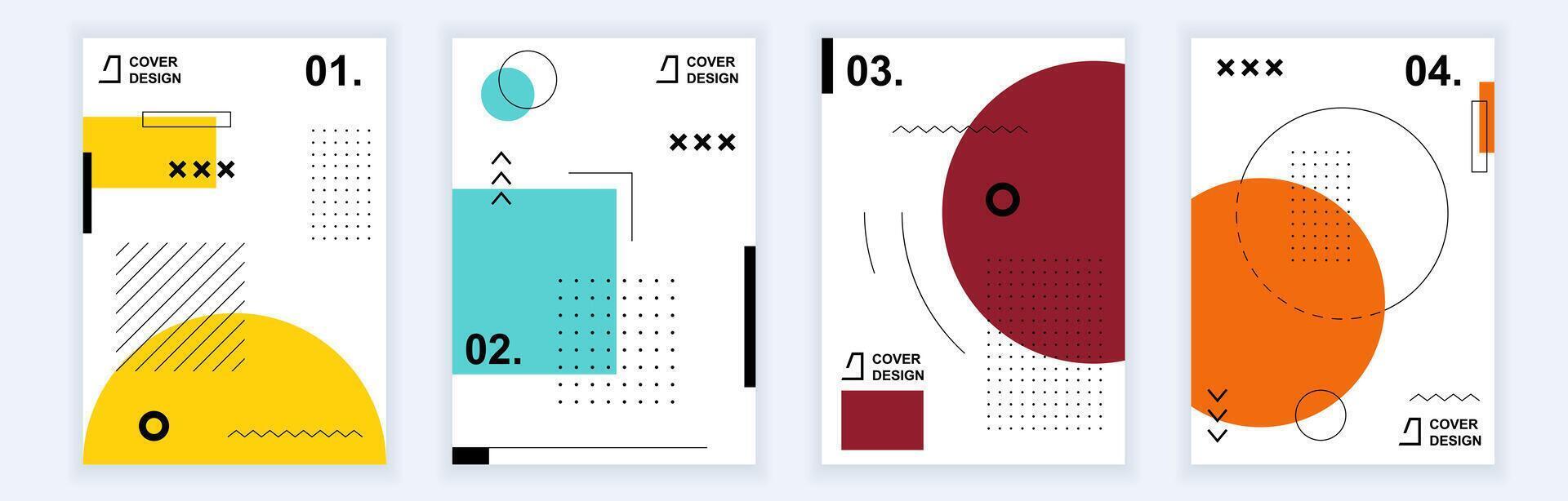 abstrakt Broschüre Abdeckungen einstellen im modern minimal geometrisch Design. Memphis Stil Hintergrund Vorlagen mit anders Elemente im a4 Format zum Geschäft Präsentation, Bericht dokumentieren. Vektor Illustration