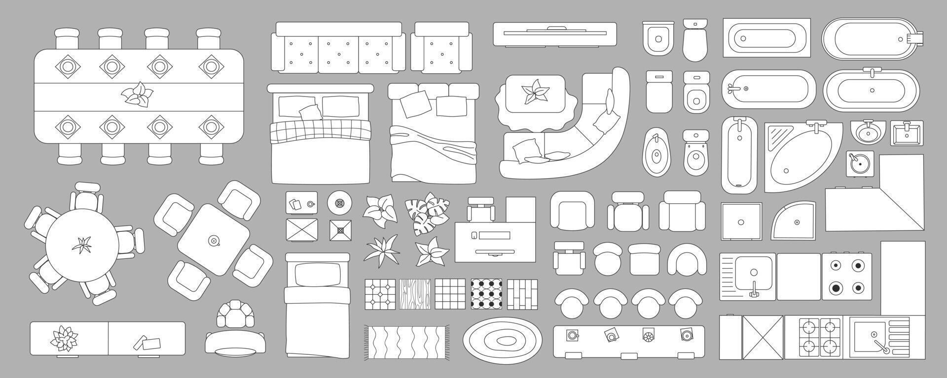 linear Innere im oben Aussicht Mega einstellen im eben Grafik Design. Sammlung Elemente von Gliederung Wohnung planen mit Küche, Essen, Schlafzimmer, Leben Zimmer, Badezimmer und andere Objekte. Vektor Illustration.