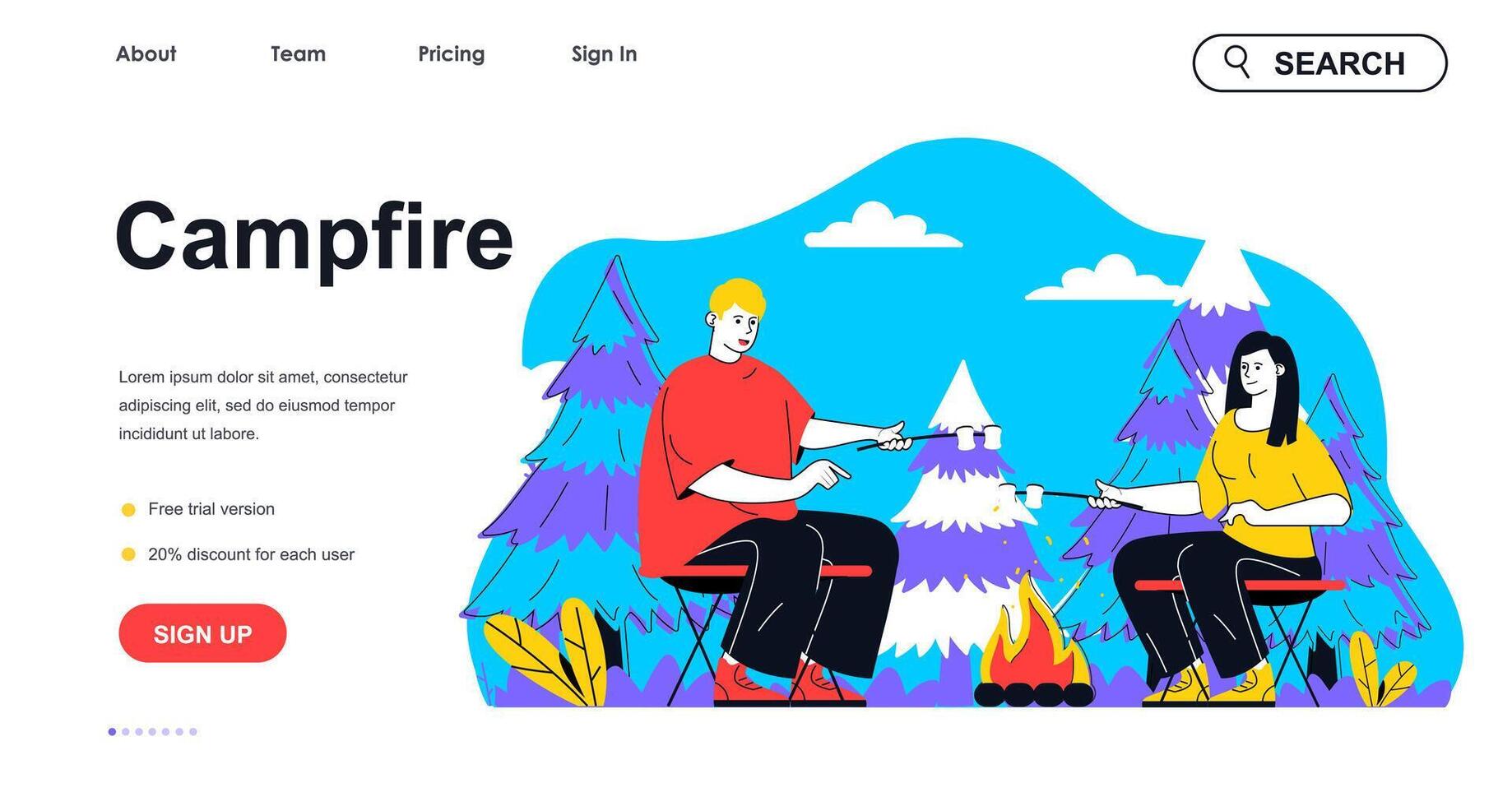 Lagerfeuer Camping Konzept zum Landung Seite Vorlage. Mann und Frau Fritten Marshmallows beim Campingplatz im Wald. draussen Aktivität Menschen Szene. Vektor Illustration mit eben Charakter Design zum Netz Banner