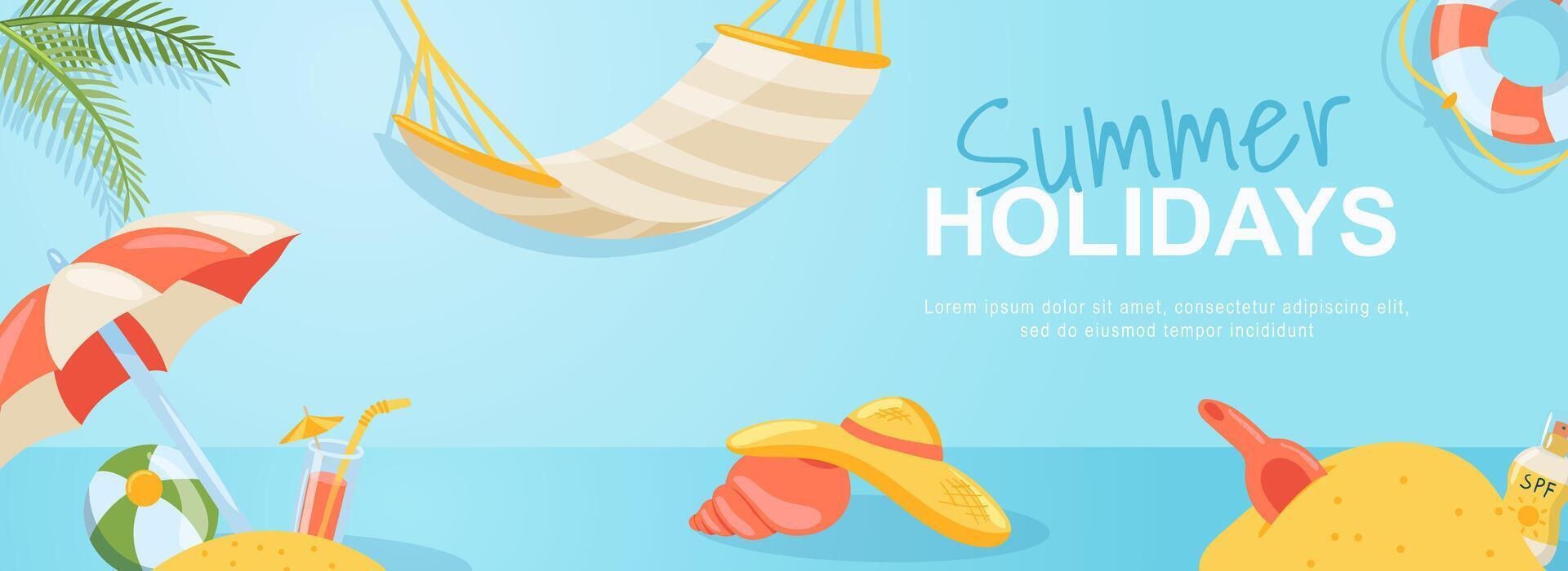 Sommer- Ferien horizontal Netz Banner. Meer Strand, Hängematte, Palme Baum, Regenschirm, Ball, Cocktail, Hut, tropisch Insel Urlaub. Vektor Illustration zum Header Webseite, Startseite Vorlagen im modern Design