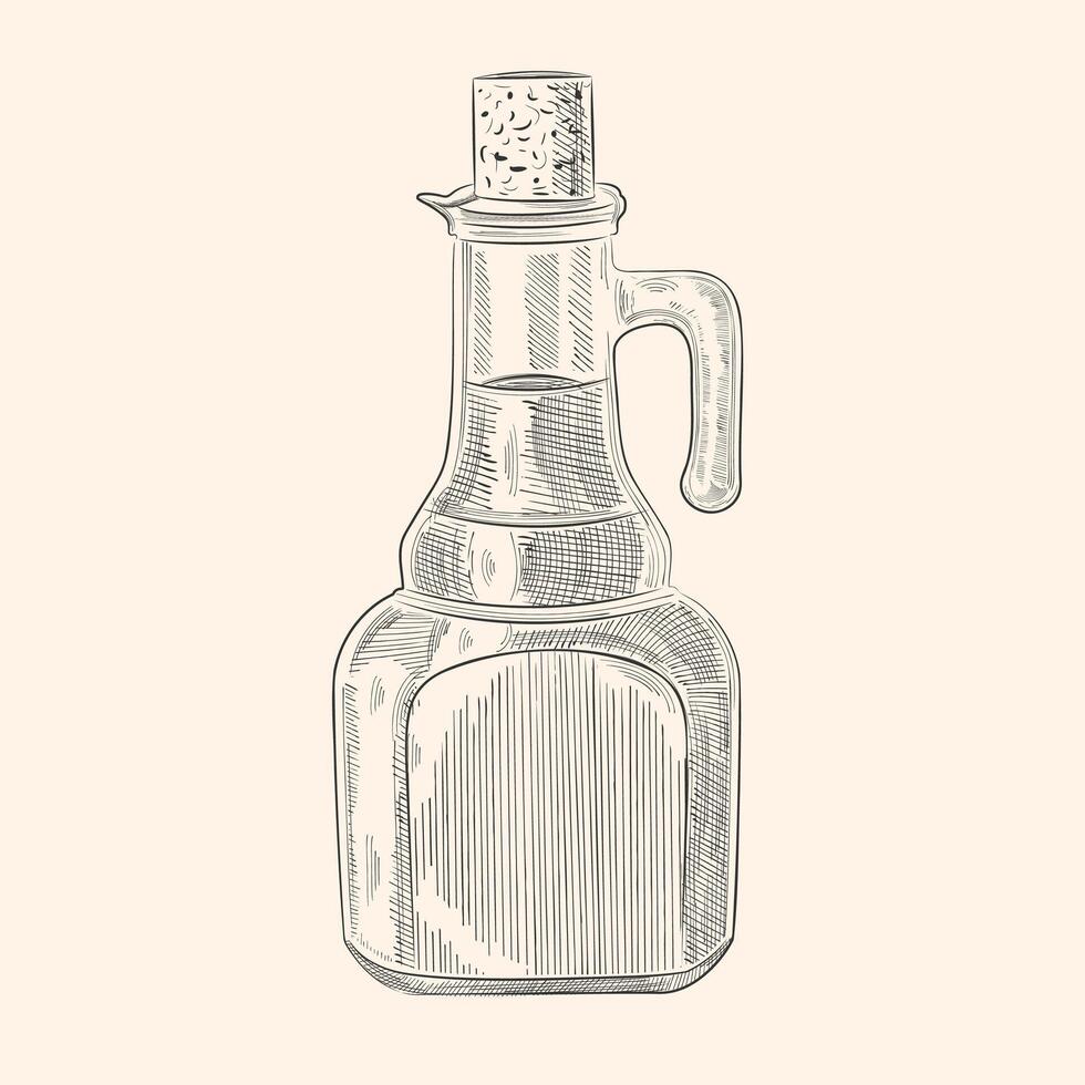 flaska, olja kanna med kork propp. årgång flaska i gravyr stil. hand ritade. vektor eps 10