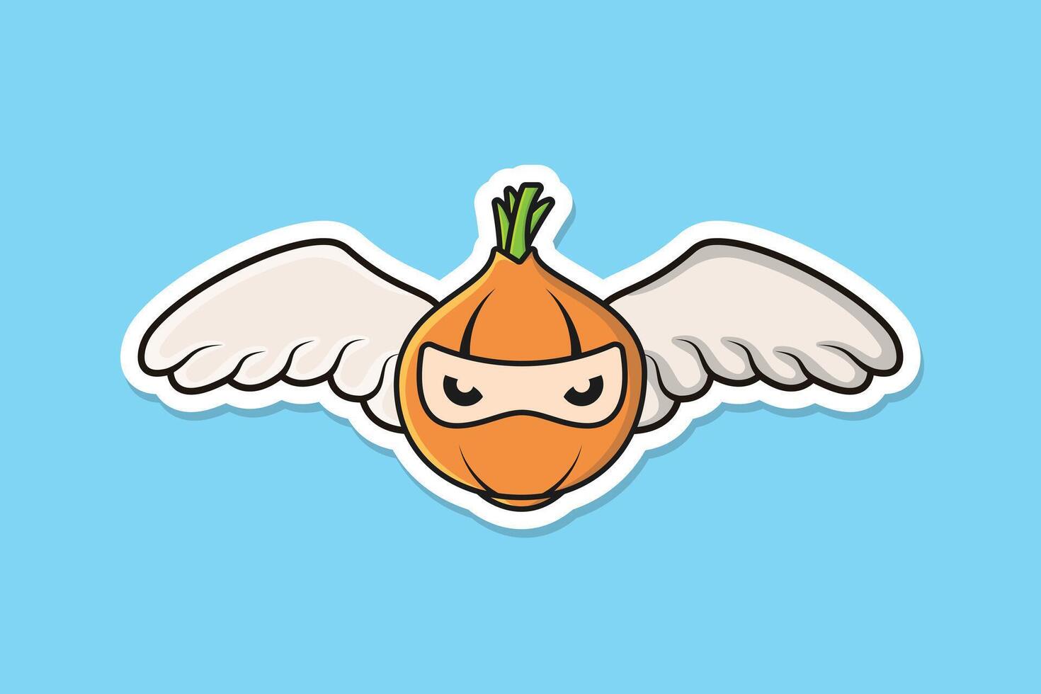 lök ninja med fågel vingar klistermärke design vektor illustration. mat natur ikon begrepp. lök ninja tecknad serie karaktär klistermärke design. matlagning färsk vegetabiliska ikon logotyp.