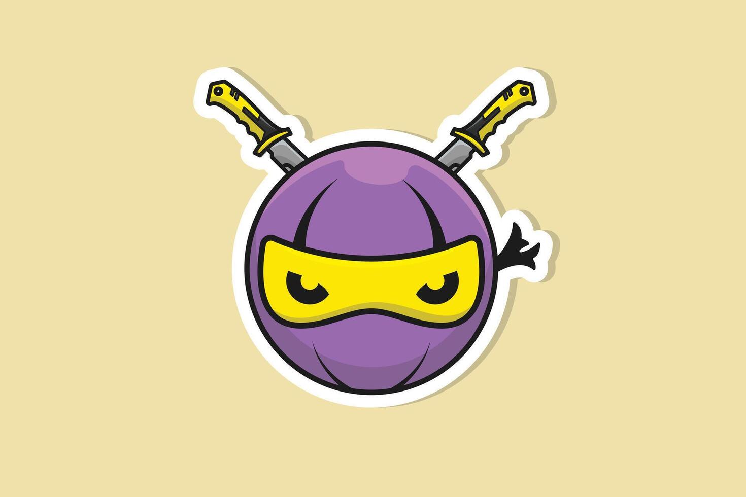 Ninja Ball mit Schwerter Aufkleber Design Vektor Illustration. Ninja Menschen Symbol Konzept. Ninja Ball mit Schwerter im Kreuz Zeichen Aufkleber Design Symbole Logo mit Schatten.