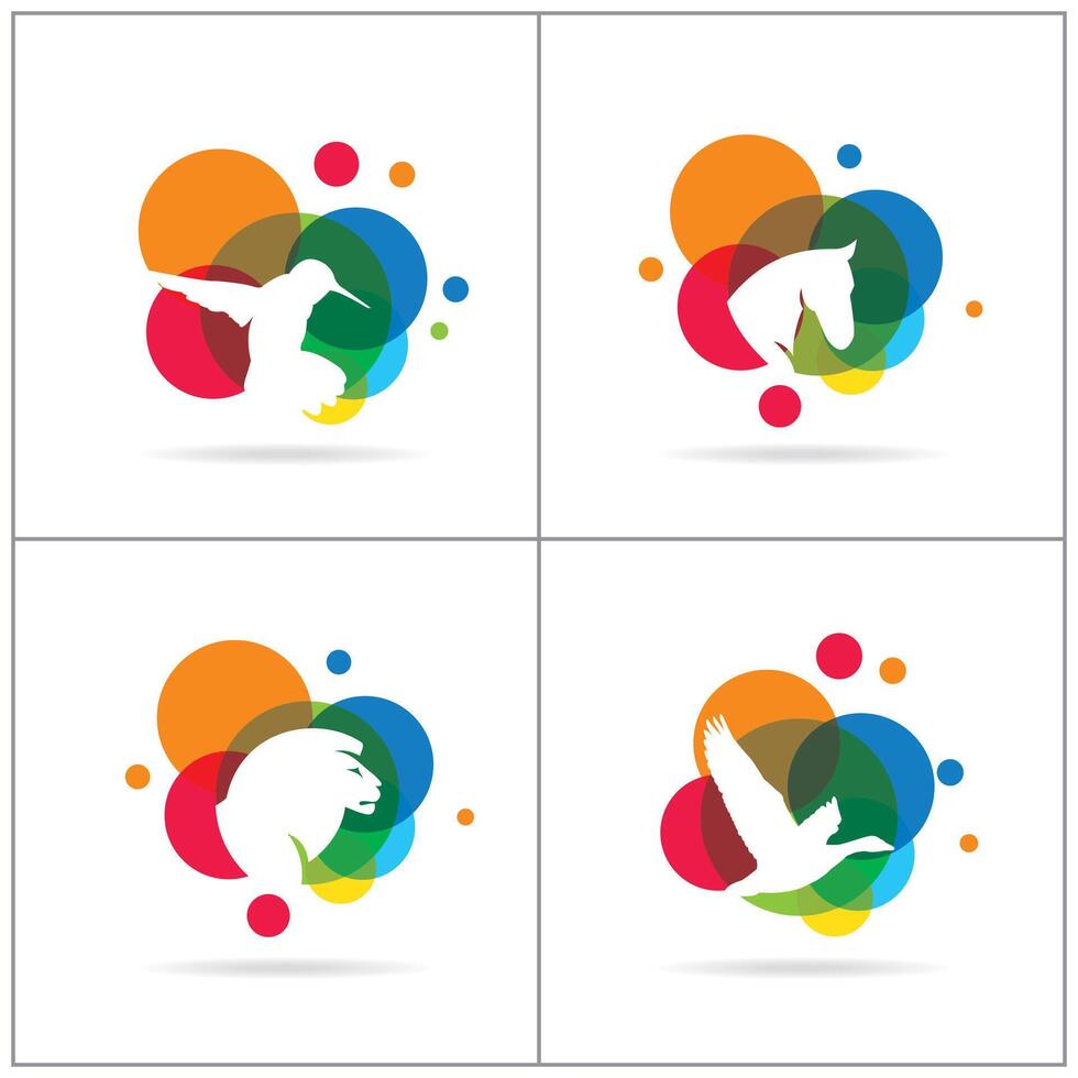färgrik djur- vektor logotyp design ikoner. lejon, häst, brummande fågel och Anka vektorer.