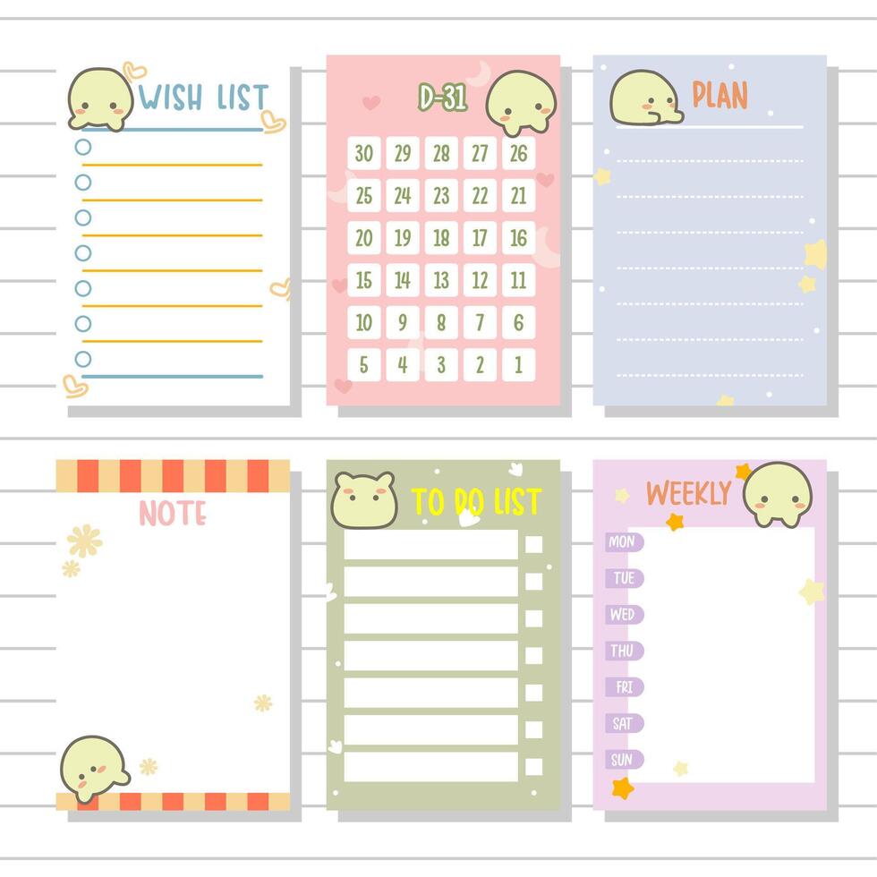 Notizblock Serie Wunsch Liste, wöchentlich, Planer, Anmerkungen oder Memo zum stationär und Tagebuch Sammlung einstellen vektor