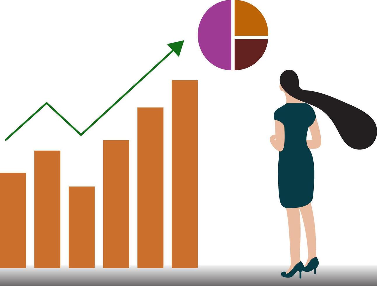 företag kvinnor ser diagram och Graf företag tillväxt, investering, vinst begrepp platt vektor illustration