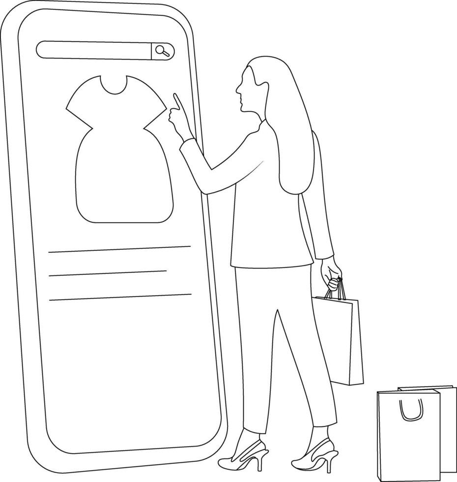 Linie Kunst von ein glücklich jung modisch Frau Tragen Einkaufen Taschen und klicken im Handy, Mobiltelefon Clever Telefon Konzept Illustration, e Handel, kaufen, Einkaufen, online speichern, Rabatt, Produkt Rezension. vektor