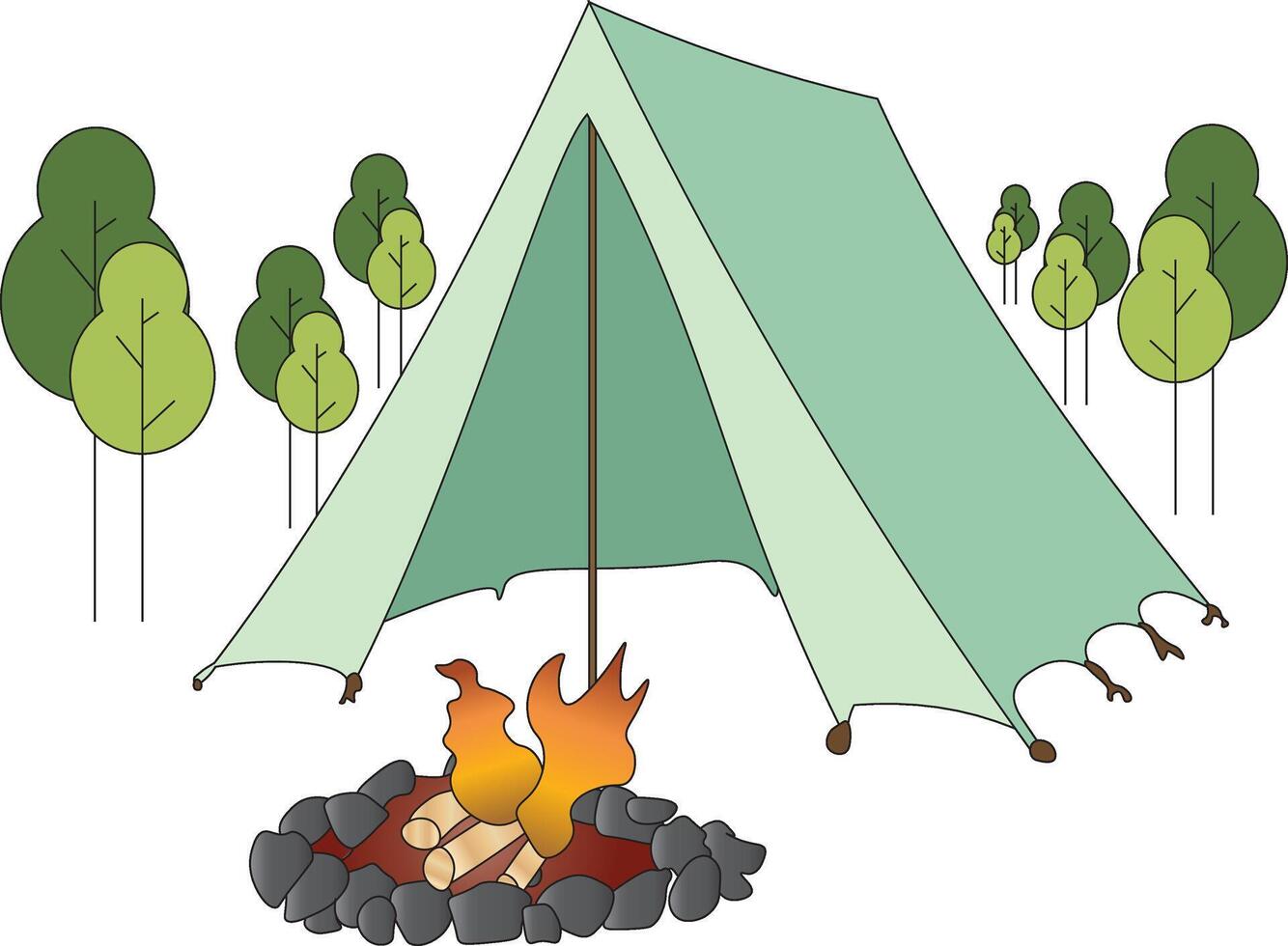 Camping Zelt mit ein Baum im das Weiß Hintergrund, Protokolle um ein Lagerfeuer Herd, Lagerfeuer weit von Zelt Illustration. vektor