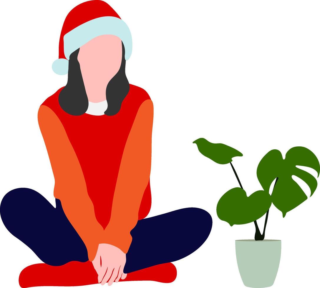 jung fröhlich Frau tragen warm rot gestrickt Sweatshirt Santa Hut posieren sitzen auf Fußboden vektor