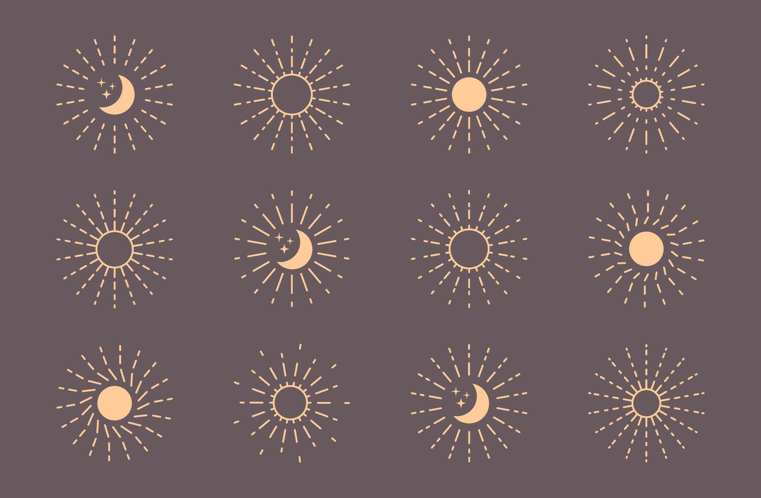 Sol måne strålar dekorativ ramar, sunburst strålar design element, tunn linje konst vektor illustration