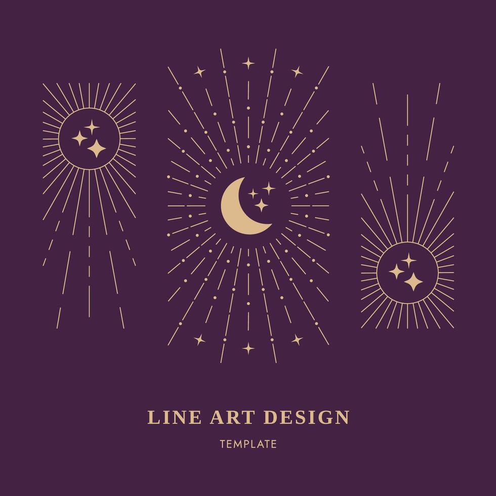 himmlisch Design Karte, Mond, Sonne Strahlen Sterne, dekorativ Magie Hintergrund, dünn Linie Kunst Vektor Illustration