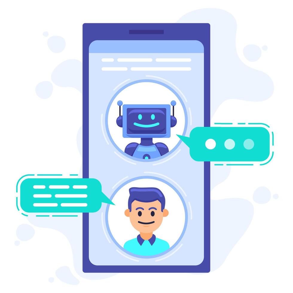 Plaudern bot Kommunikation. Smartphone chatten mit Konversation bot, Plaudern Assistent bot beim Handy Bildschirm, Roboter SMS Dialog Vektor Illustration