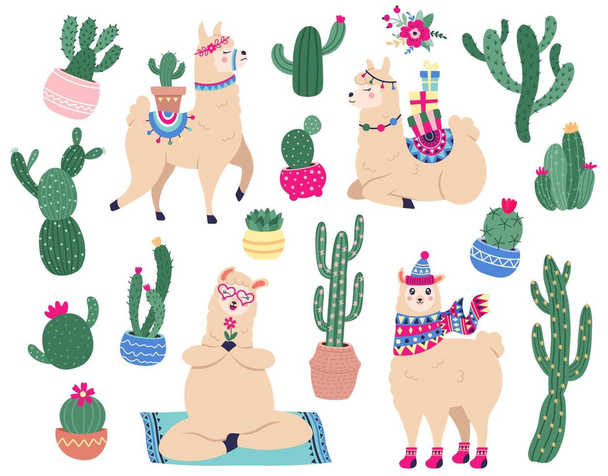 lamadjur och kaktus. mexikansk söt alpacka med öken- växter, rolig peruvian lama tecken med suckulenter och kaktus vektor illustration uppsättning